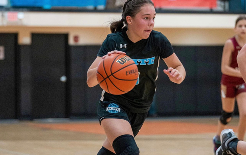 Connecticut Elite player driving the ball during an AAU game